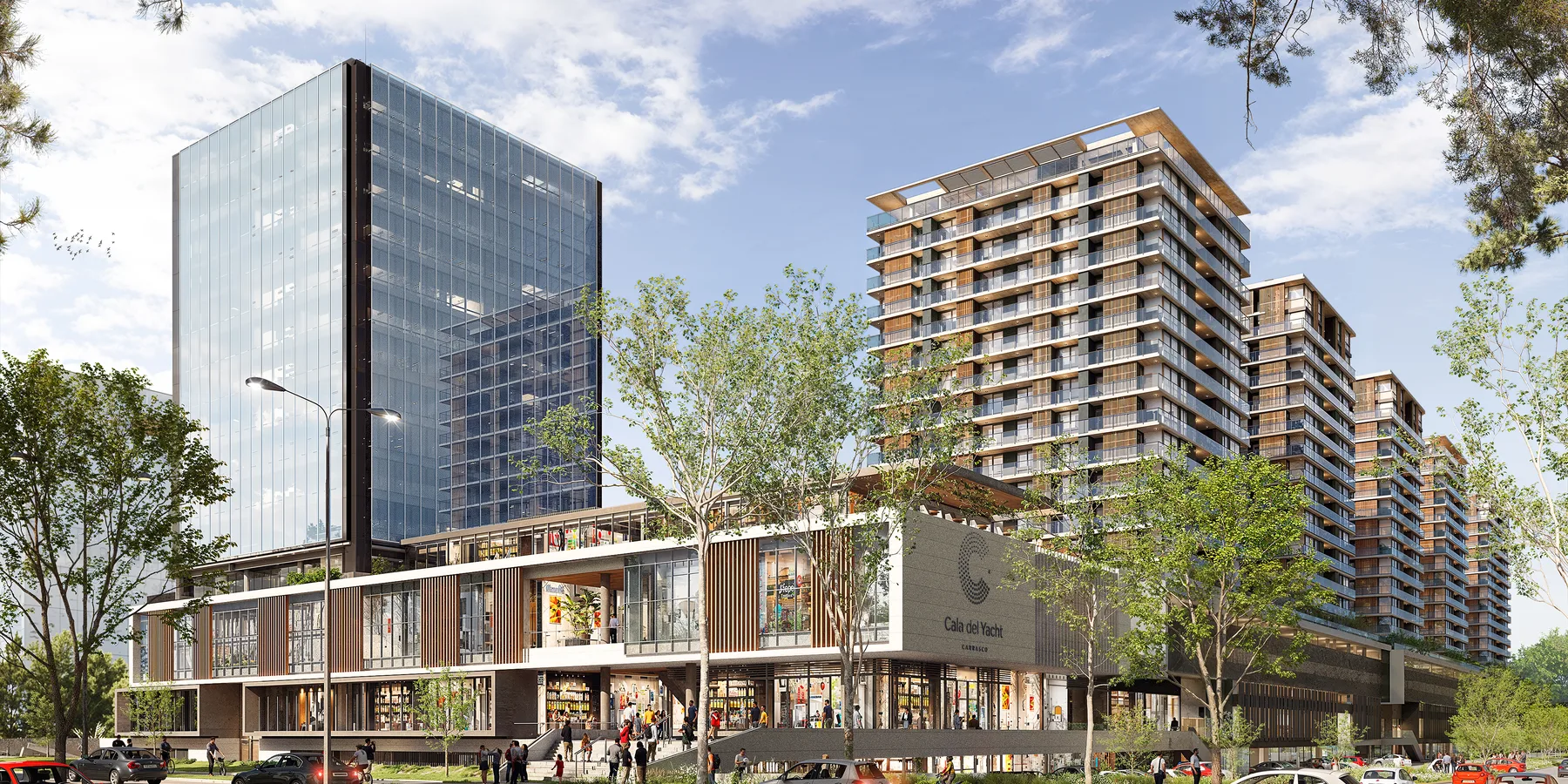 Commercial corner exterior render - 5 Torres grey by Imabox